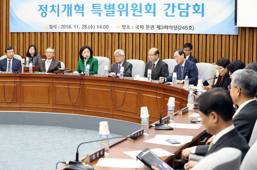 28일 서울 여의도 국회에서 열린 정치개혁 특별위원회 간담회에서 심상정 위원장이 모두발언을 하고 있다. 